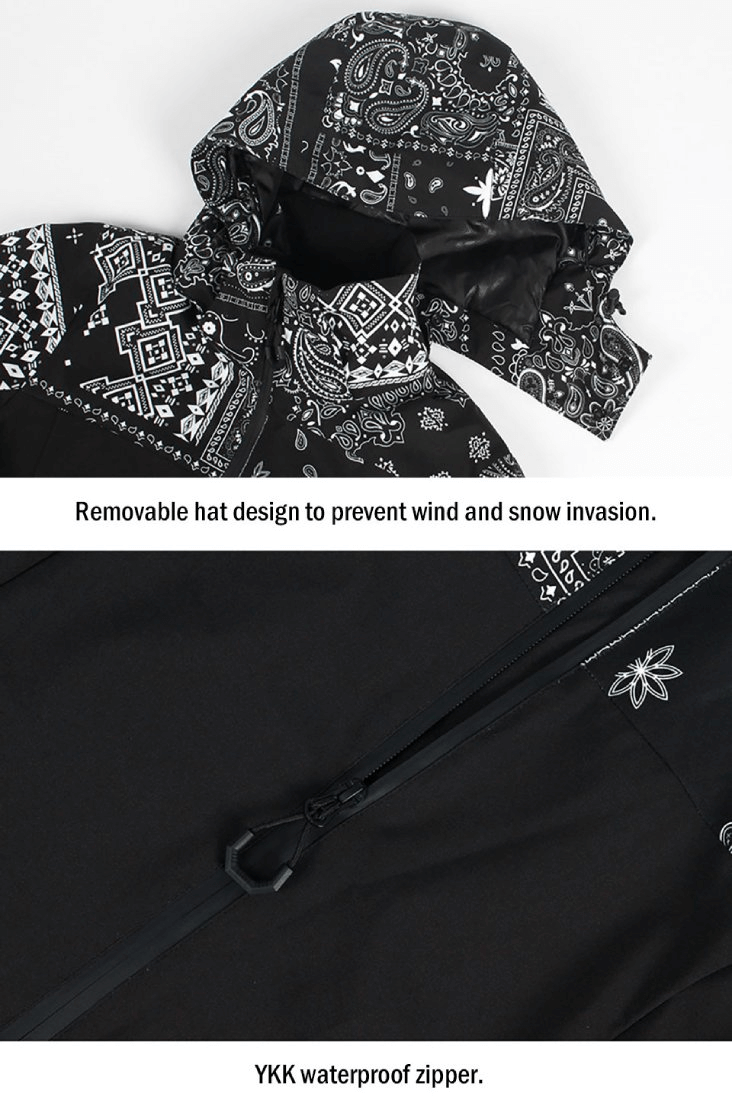 Women's windproof waterproof breathable ski jacket with hood, featuring removable hat design and YKK waterproof zipper.